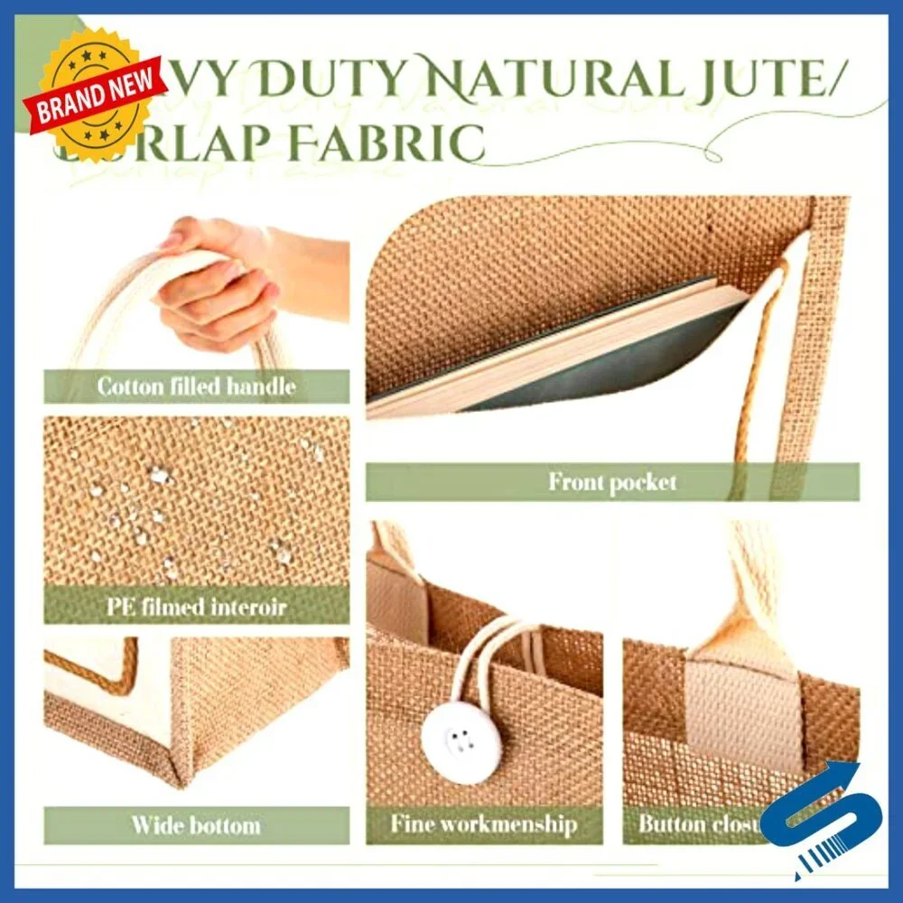 Jute Burlap Tote Bags Reusable Beach Grocery Shopping Totes Classic Style